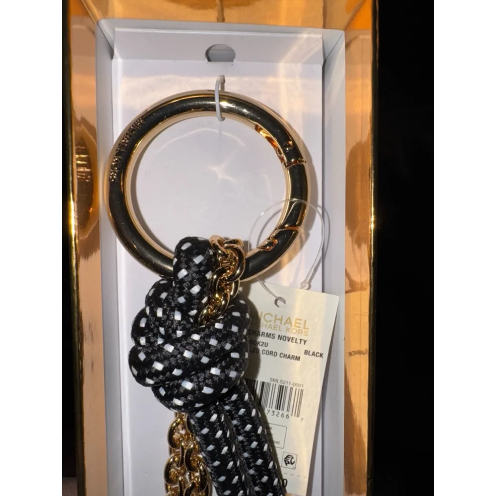 Michael Kors Black Gold Polka Dot Speckled Cord Bag Charm Keychain Accessory MK
